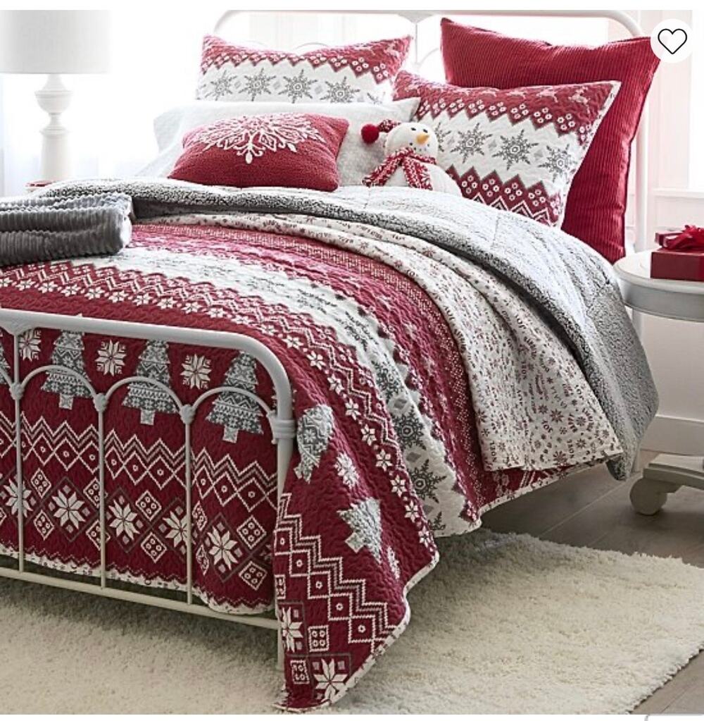 North Pole Trading Co. 3PC Cotton Holiday Novelty Stripe Quilt Set KING Red